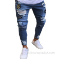 Fábrica de atacado de jeans rasgado bordados feitos sob medida para homens